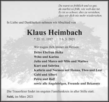 Traueranzeige von Klaus Heimbach von Neue Osnabrücker Zeitung GmbH & Co. KG