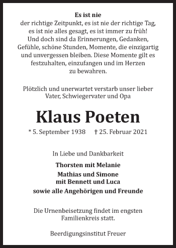 Traueranzeige von Klaus Poeten von Neue Osnabrücker Zeitung GmbH & Co. KG