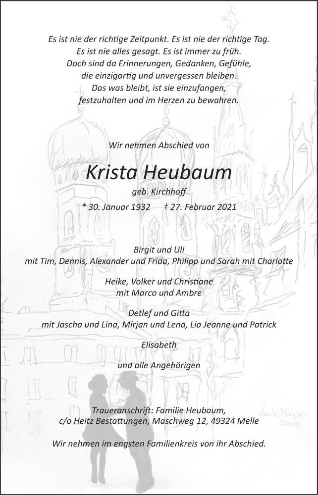  Traueranzeige für Krista Heubaum vom 06.03.2021 aus Neue Osnabrücker Zeitung GmbH & Co. KG
