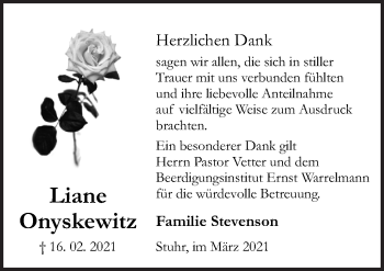 Traueranzeige von Liane Onyskewitz von Neue Osnabrücker Zeitung GmbH & Co. KG