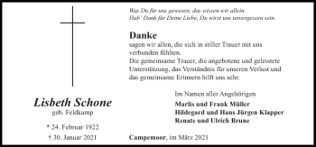 Traueranzeige von Lisbeth Schone von Neue Osnabrücker Zeitung GmbH & Co. KG