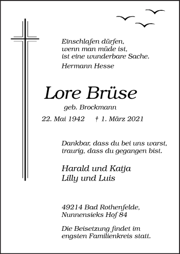 Traueranzeige von Lore Brüse von Neue Osnabrücker Zeitung GmbH & Co. KG