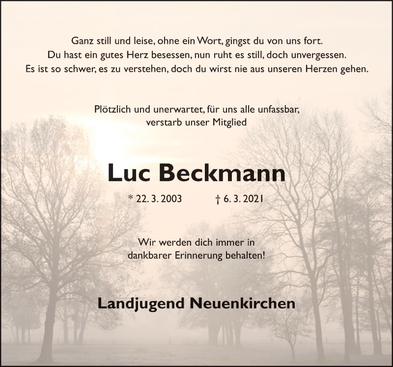  Traueranzeige für Luc Beckmann vom 17.03.2021 aus Neue Osnabrücker Zeitung GmbH & Co. KG