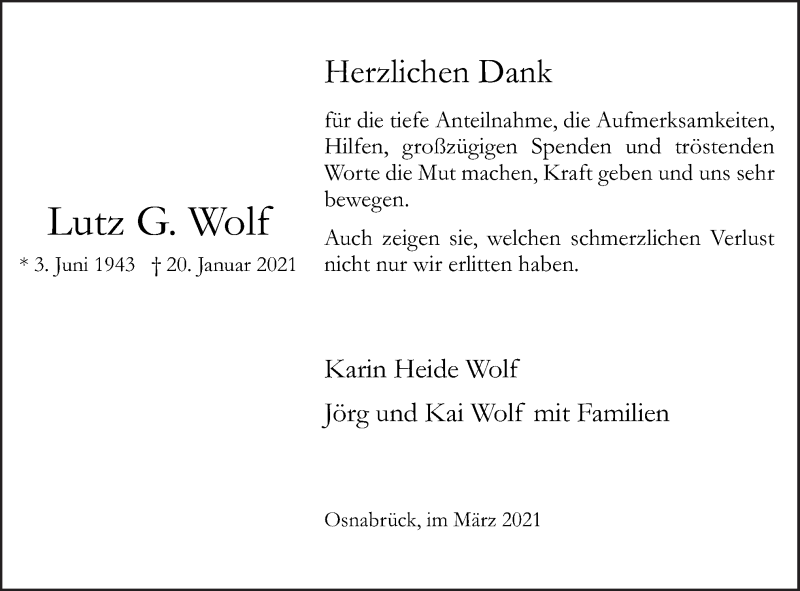  Traueranzeige für Lutz G. Wolf vom 13.03.2021 aus Neue Osnabrücker Zeitung GmbH & Co. KG