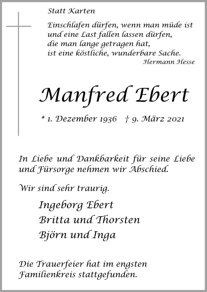  Traueranzeige für Manfred Ebert vom 20.03.2021 aus Neue Osnabrücker Zeitung GmbH & Co. KG