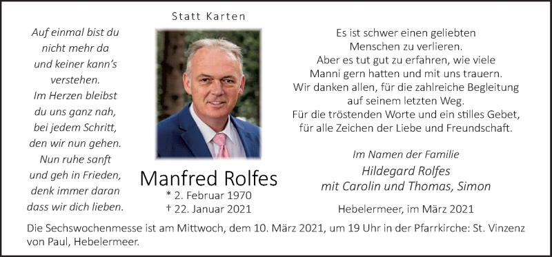  Traueranzeige für Manfred Rolfes vom 06.03.2021 aus Neue Osnabrücker Zeitung GmbH & Co. KG