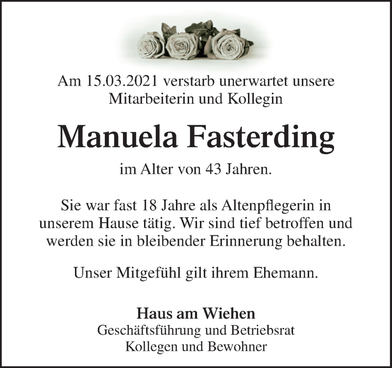  Traueranzeige für Manuela Fasterding vom 23.03.2021 aus Neue Osnabrücker Zeitung GmbH & Co. KG