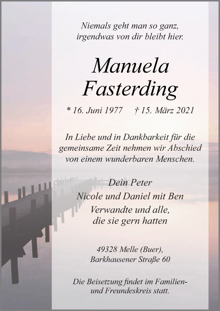  Traueranzeige für Manuela Fasterding vom 20.03.2021 aus Neue Osnabrücker Zeitung GmbH & Co. KG