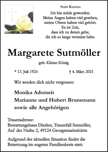 Traueranzeige von Margarete Sutmöller von Neue Osnabrücker Zeitung GmbH & Co. KG
