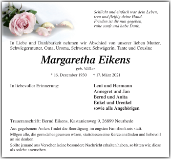 Traueranzeige von Margaretha Eikens von Neue Osnabrücker Zeitung GmbH & Co. KG