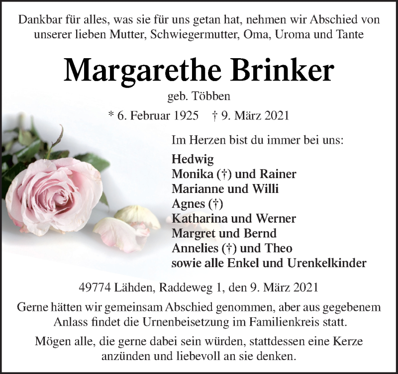  Traueranzeige für Margarethe Brinker vom 13.03.2021 aus Neue Osnabrücker Zeitung GmbH & Co. KG