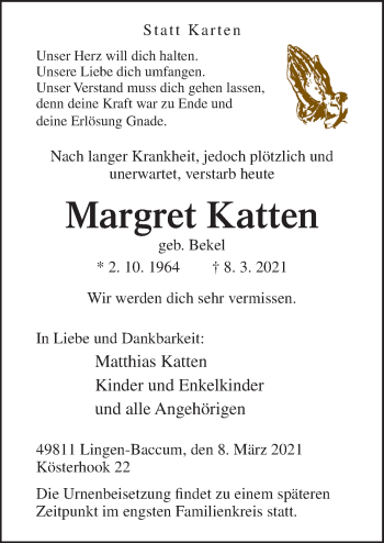 Traueranzeige von Margret Katten von Neue Osnabrücker Zeitung GmbH & Co. KG
