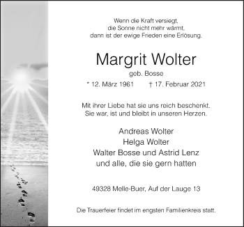 Traueranzeige von Margrit Wolter von Neue Osnabrücker Zeitung GmbH & Co. KG