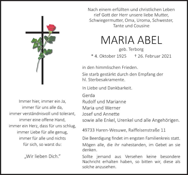  Traueranzeige für Maria Abel vom 01.03.2021 aus Neue Osnabrücker Zeitung GmbH & Co. KG