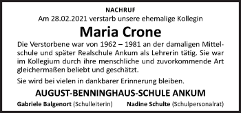 Traueranzeige von Maria Crone von Neue Osnabrücker Zeitung GmbH & Co. KG