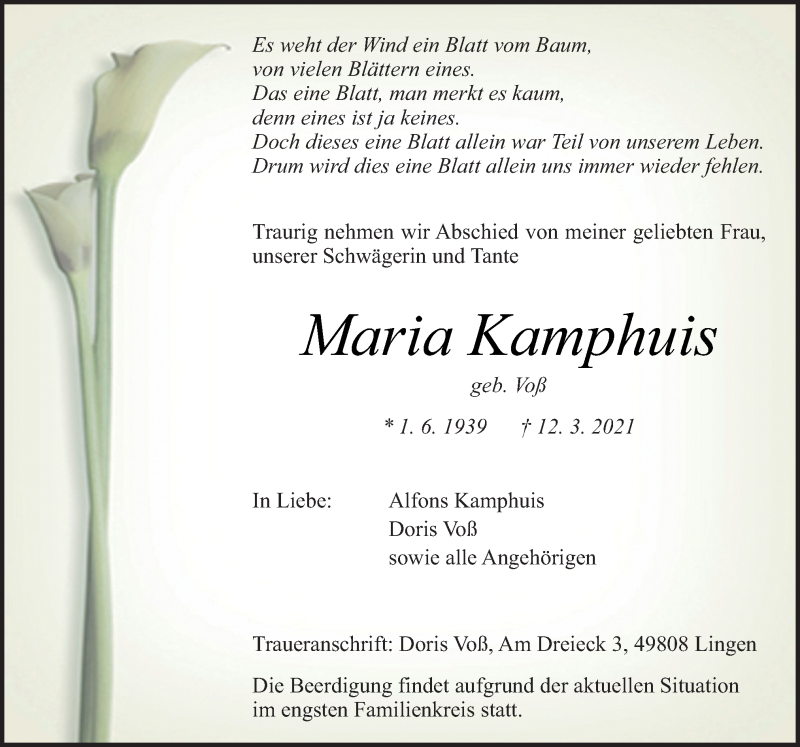  Traueranzeige für Maria Kamphuis vom 15.03.2021 aus Neue Osnabrücker Zeitung GmbH & Co. KG