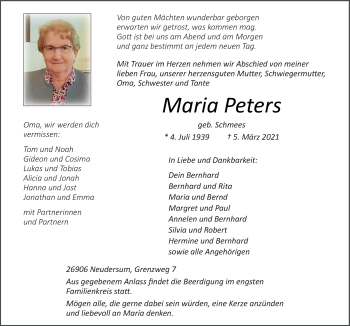 Traueranzeige von Maria Peters von Neue Osnabrücker Zeitung GmbH & Co. KG