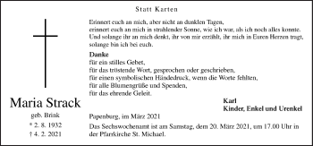 Traueranzeige von Maria Strack von Neue Osnabrücker Zeitung GmbH & Co. KG