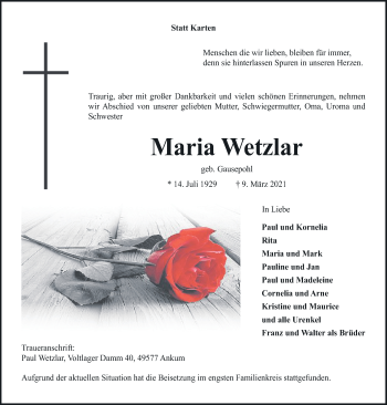 Traueranzeige von Maria Wetzlar von Neue Osnabrücker Zeitung GmbH & Co. KG