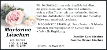 Traueranzeige von Marianne Lüschen von Neue Osnabrücker Zeitung GmbH & Co. KG