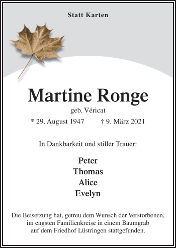 Traueranzeige von Martine Ronge von Neue Osnabrücker Zeitung GmbH & Co. KG