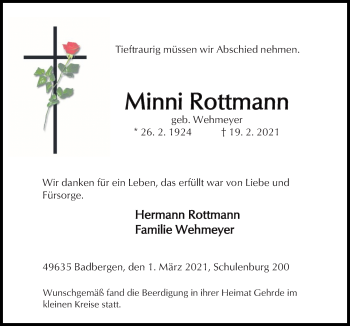 Traueranzeige von Minni Rottmann von Neue Osnabrücker Zeitung GmbH & Co. KG