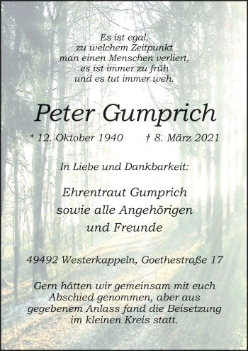 Traueranzeige von Peter Gumprich von Neue Osnabrücker Zeitung GmbH & Co. KG