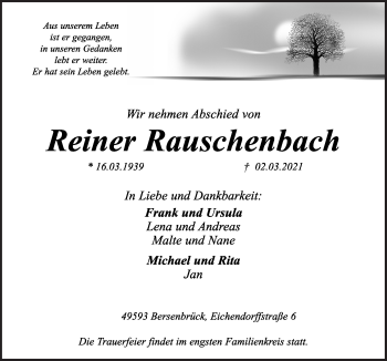 Traueranzeige von Reiner Rauschenbach von Neue Osnabrücker Zeitung GmbH & Co. KG
