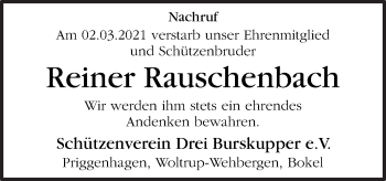 Traueranzeige von Reiner Rauschenbach von Neue Osnabrücker Zeitung GmbH & Co. KG