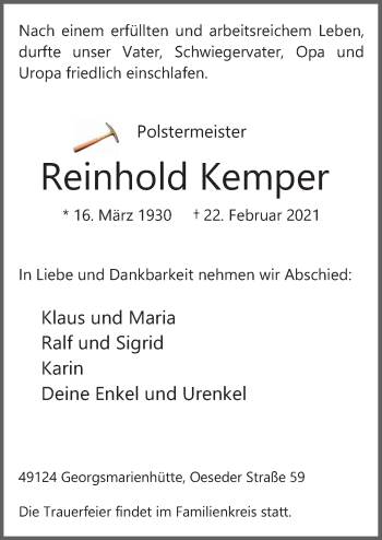 Traueranzeige von Reinhold Kemper von Neue Osnabrücker Zeitung GmbH & Co. KG