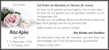 Traueranzeige von Rita Apke von Neue Osnabrücker Zeitung GmbH & Co. KG