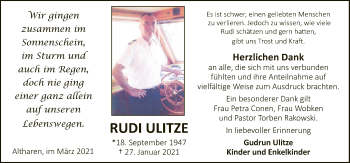 Traueranzeige von Rudi Ulitze von Neue Osnabrücker Zeitung GmbH & Co. KG