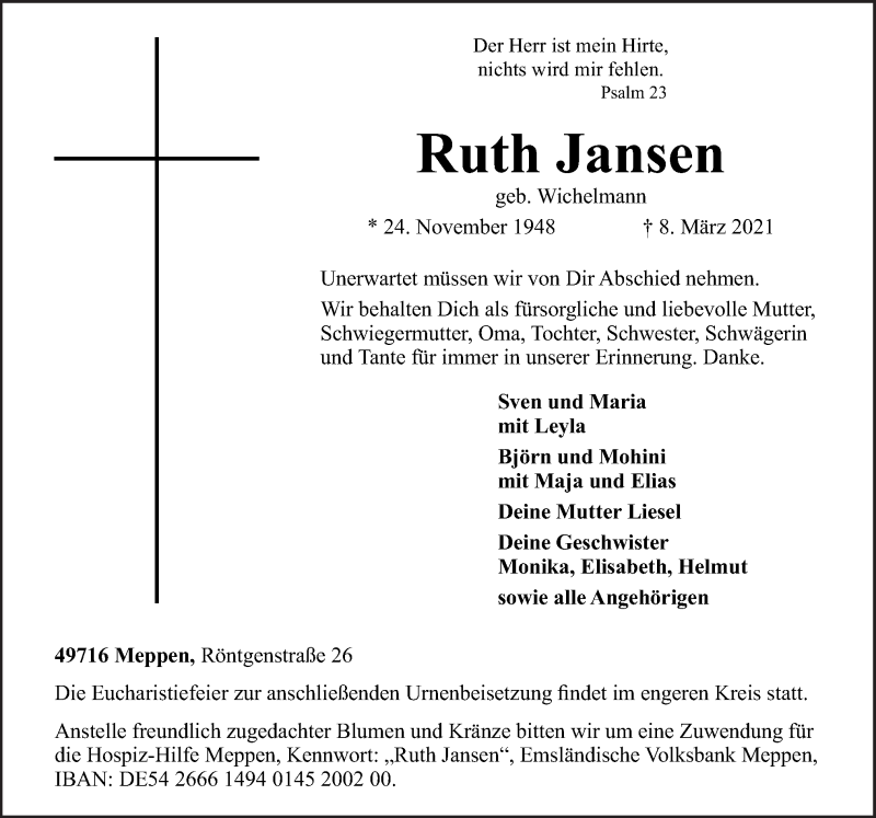  Traueranzeige für Ruth Jansen vom 13.03.2021 aus Neue Osnabrücker Zeitung GmbH & Co. KG