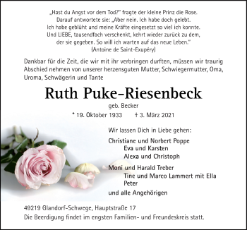 Traueranzeige von Ruth Puke-Riesenbeck von Neue Osnabrücker Zeitung GmbH & Co. KG