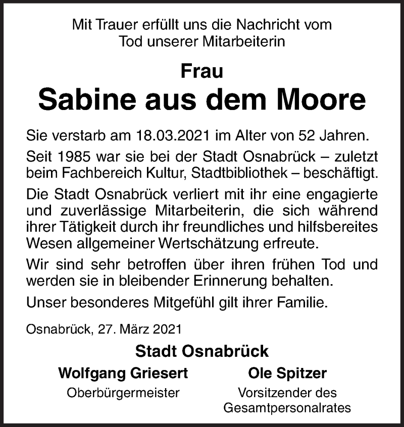  Traueranzeige für Sabine aus dem Moore vom 27.03.2021 aus Neue Osnabrücker Zeitung GmbH & Co. KG