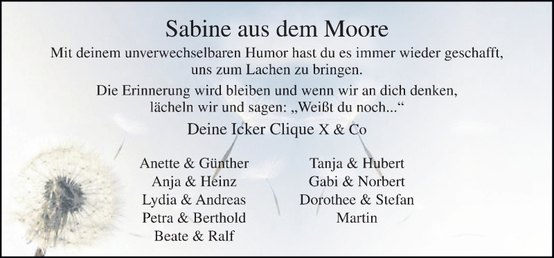  Traueranzeige für Sabine aus dem Moore vom 27.03.2021 aus Neue Osnabrücker Zeitung GmbH & Co. KG