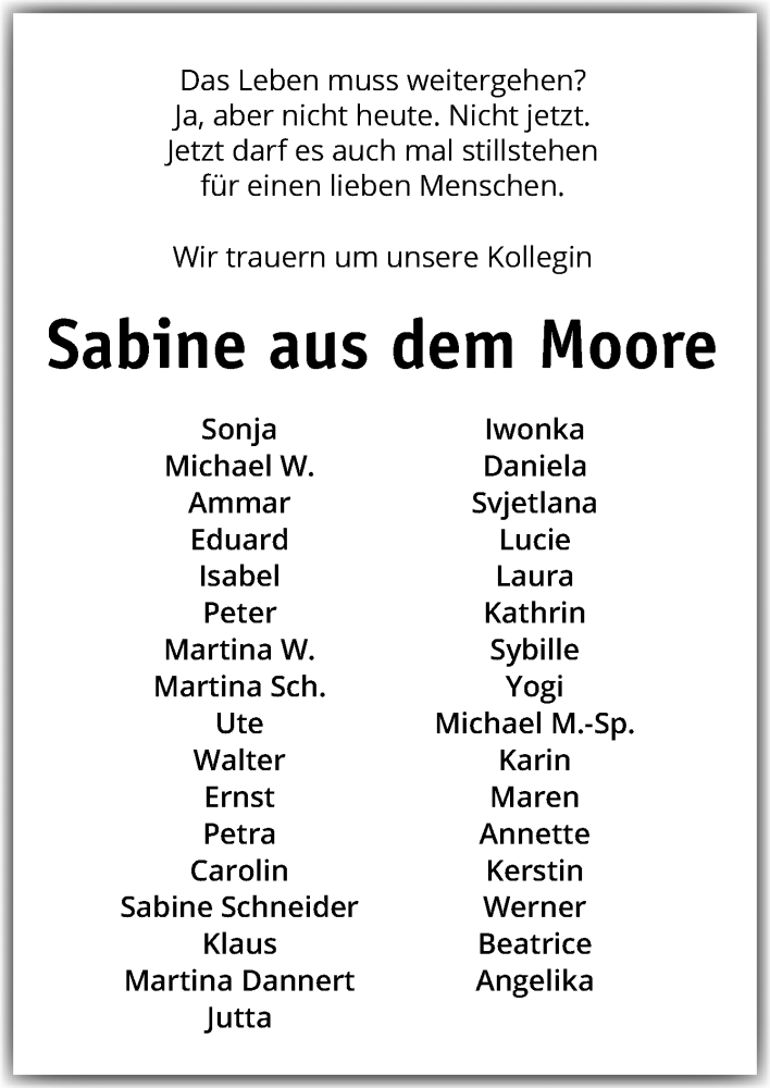  Traueranzeige für Sabine aus dem Moore vom 24.03.2021 aus Neue Osnabrücker Zeitung GmbH & Co. KG