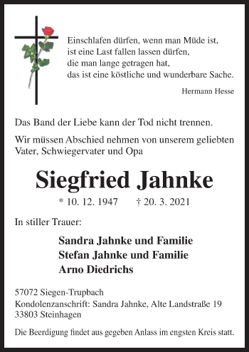 Traueranzeige von Siegfried Jahnke von Neue Osnabrücker Zeitung GmbH & Co. KG