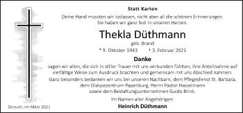 Traueranzeige von Thekla Düthmann von Neue Osnabrücker Zeitung GmbH & Co. KG