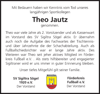 Traueranzeige von Theo Jautz von Neue Osnabrücker Zeitung GmbH & Co. KG