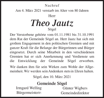 Traueranzeige von Theo Jautz von Neue Osnabrücker Zeitung GmbH & Co. KG