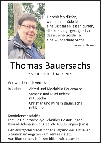 Traueranzeige von Thomas Bauersachs von Neue Osnabrücker Zeitung GmbH & Co. KG