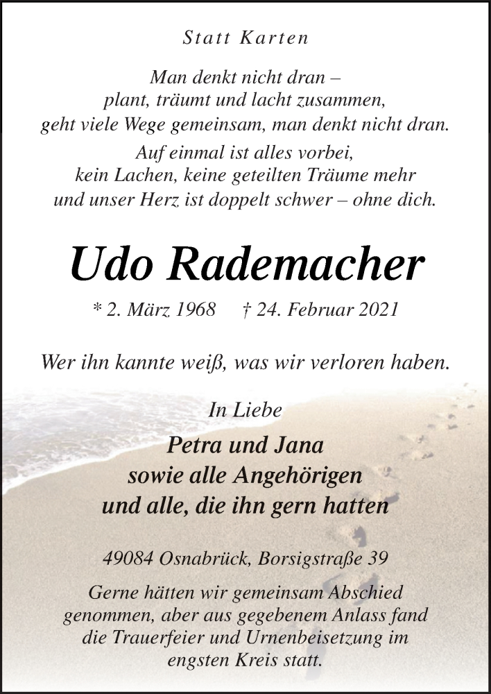  Traueranzeige für Udo Rademacher vom 12.03.2021 aus Neue Osnabrücker Zeitung GmbH & Co. KG