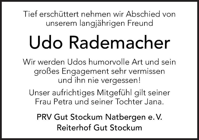  Traueranzeige für Udo Rademacher vom 12.03.2021 aus Neue Osnabrücker Zeitung GmbH & Co. KG