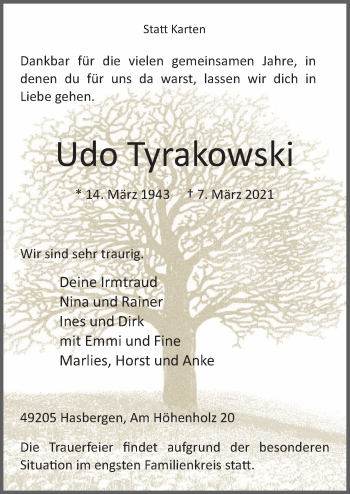 Traueranzeige von Udo Tyrakowski von Neue Osnabrücker Zeitung GmbH & Co. KG
