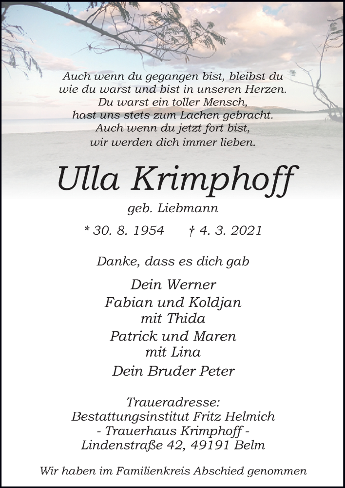  Traueranzeige für Ulla Krimphoff vom 13.03.2021 aus Neue Osnabrücker Zeitung GmbH & Co. KG