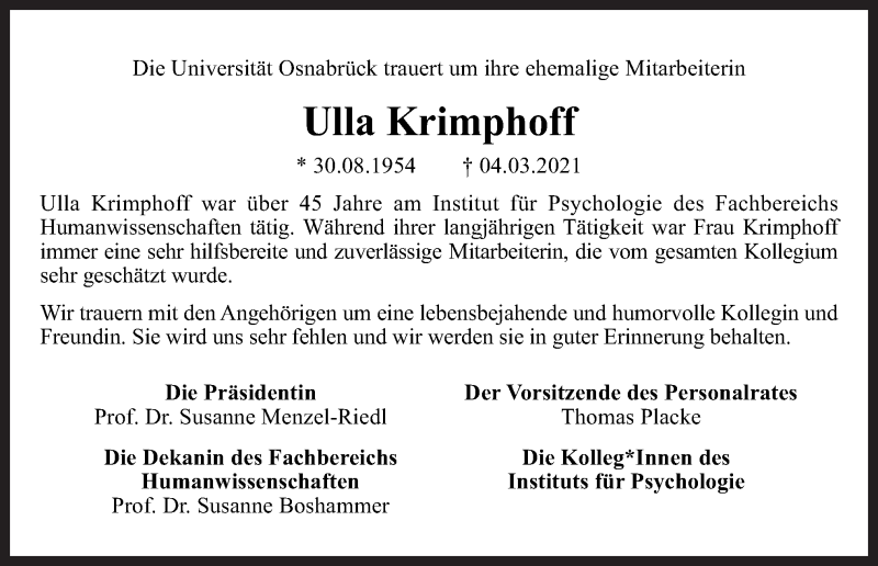  Traueranzeige für Ulla Krimphoff vom 13.03.2021 aus Neue Osnabrücker Zeitung GmbH & Co. KG