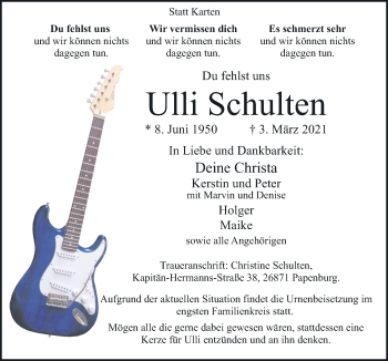 Traueranzeige von Ulli Schulten von Neue Osnabrücker Zeitung GmbH & Co. KG