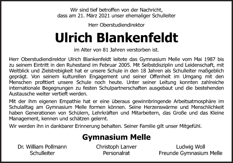  Traueranzeige für Ulrich Blankenfeldt vom 27.03.2021 aus Neue Osnabrücker Zeitung GmbH & Co. KG