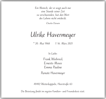 Traueranzeige von Ulrike Havermeyer von Neue Osnabrücker Zeitung GmbH & Co. KG